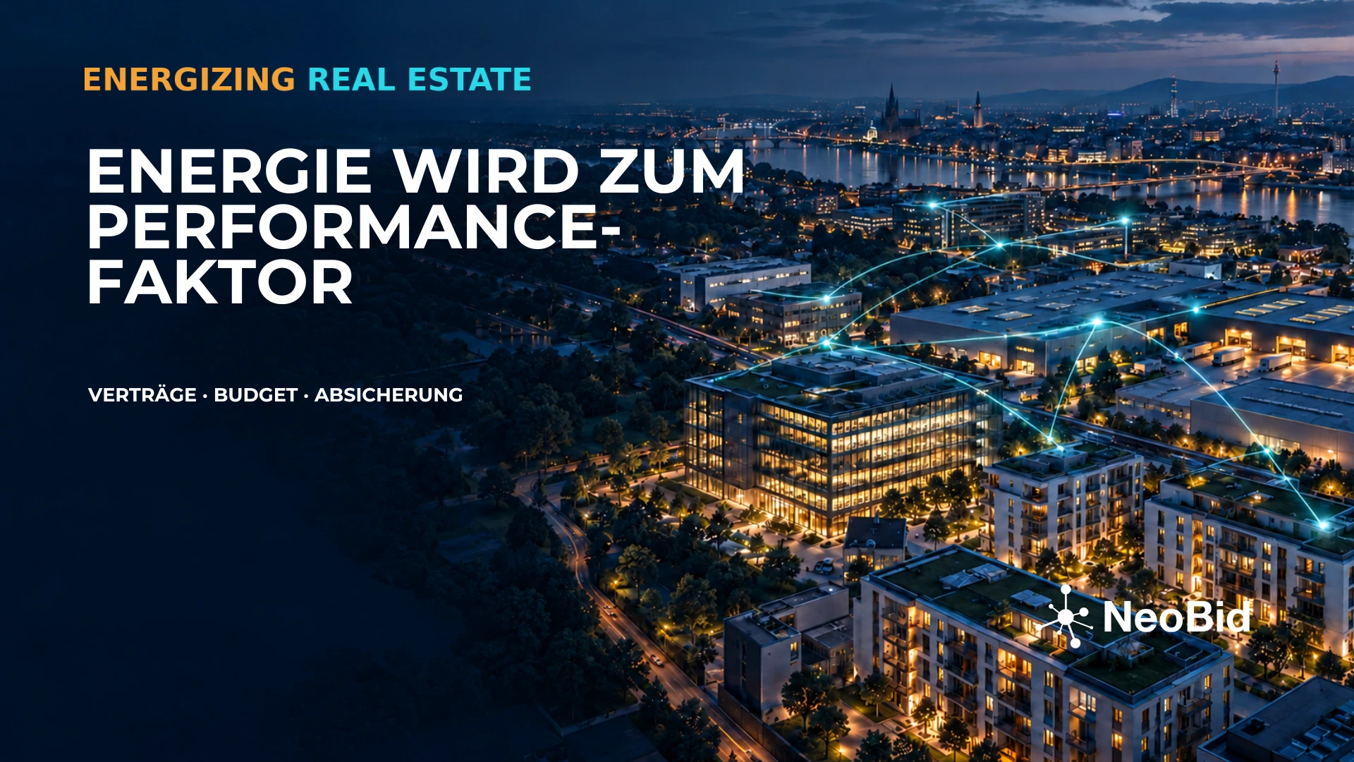 Gewerbe- und Wohnimmobilien bei Dämmerung, verbunden durch visualisierte Energiedaten auf Portfolioebene.