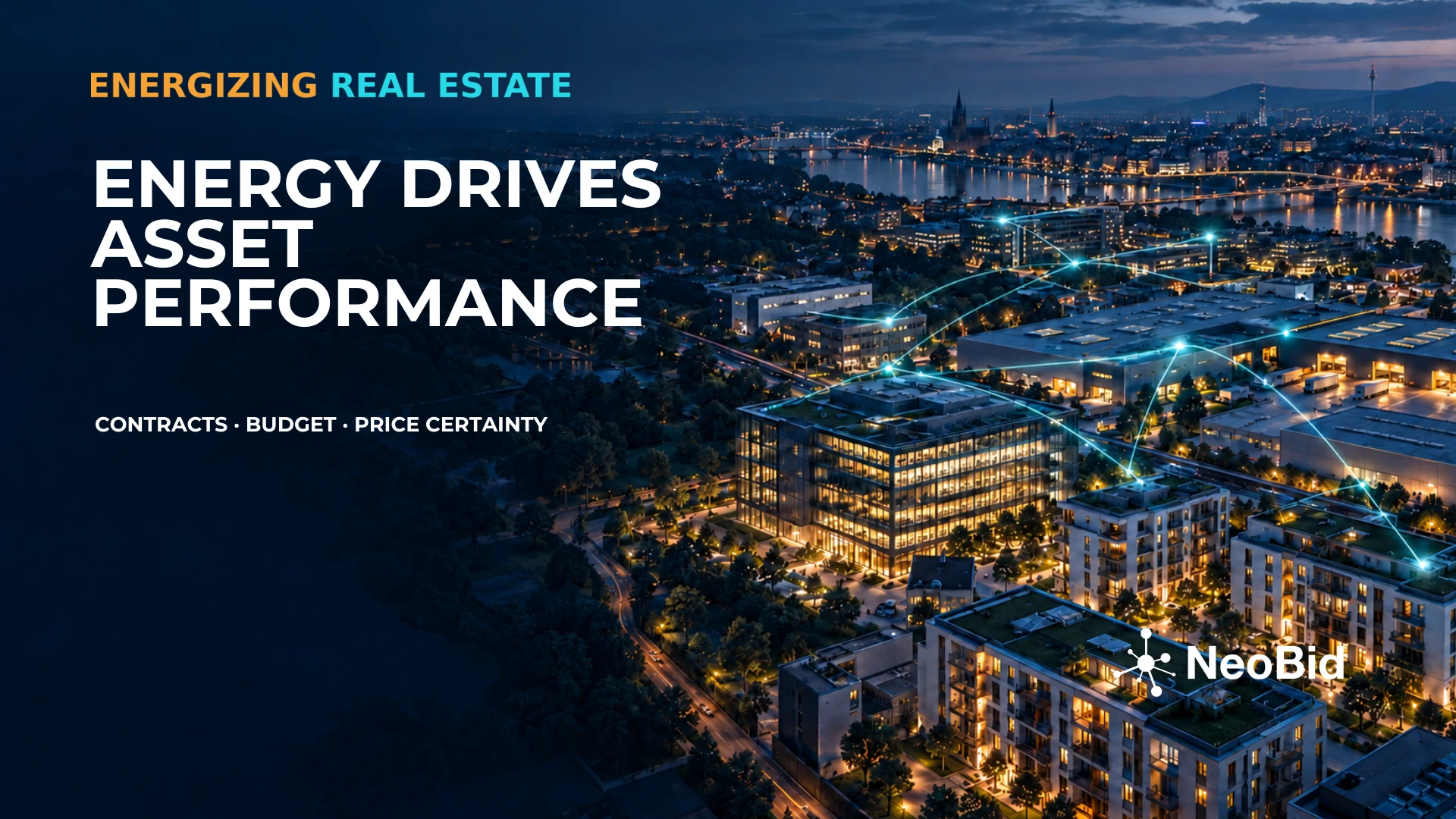 Commercial and residential properties at dusk connected by visualised portfolio energy data.
