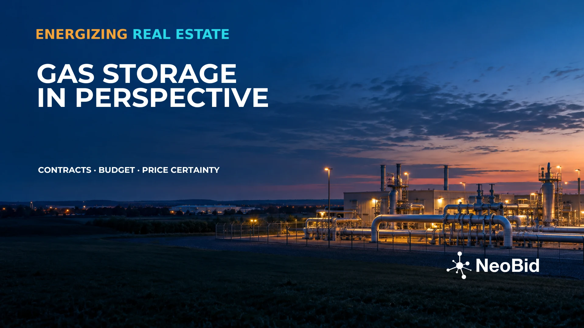 Gas storage in perspective: NeoBid graphic with an AI-generated illustration of a natural gas storage facility at dusk.