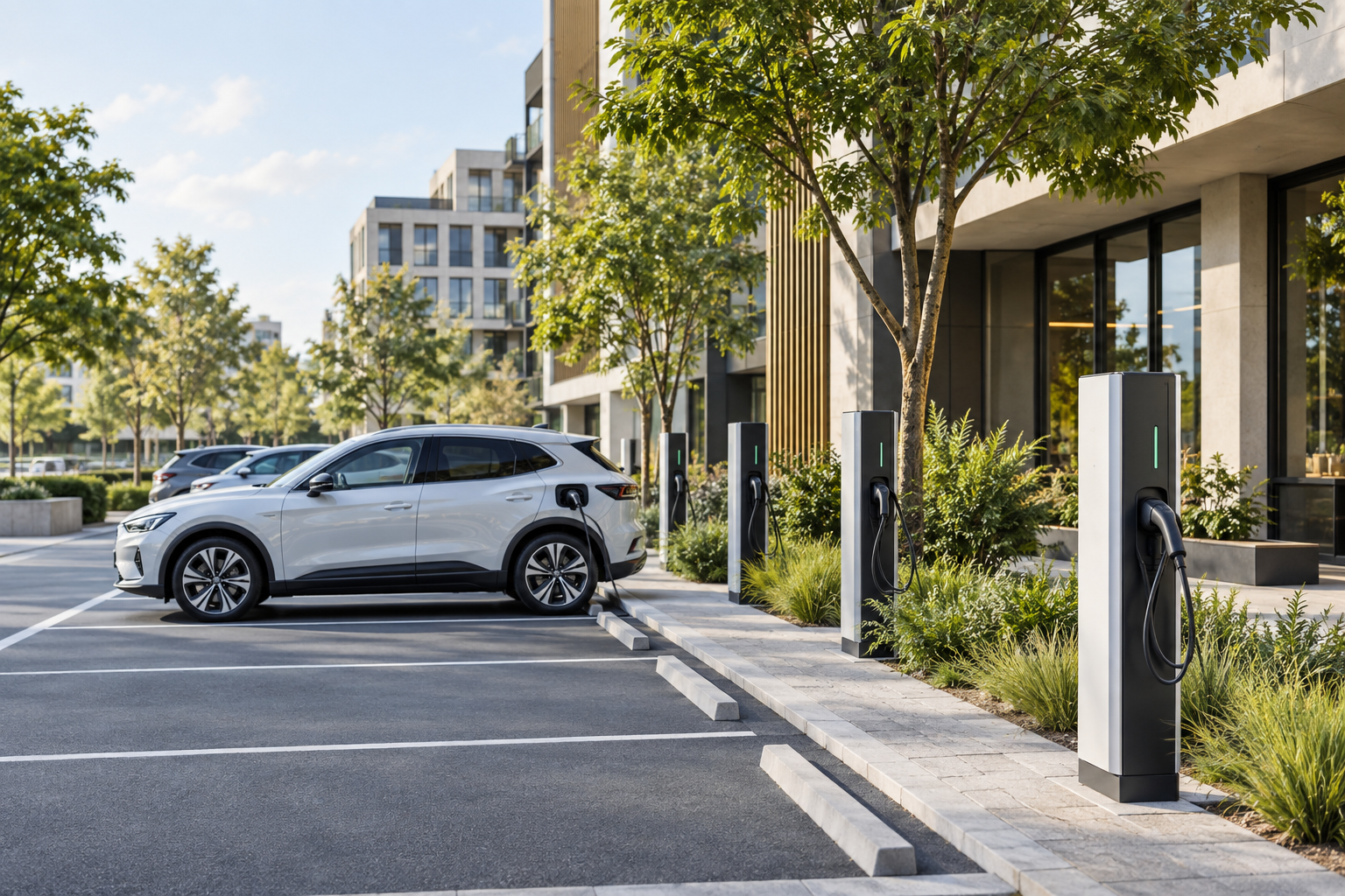 Charging infrastructure in front of a contemporary property