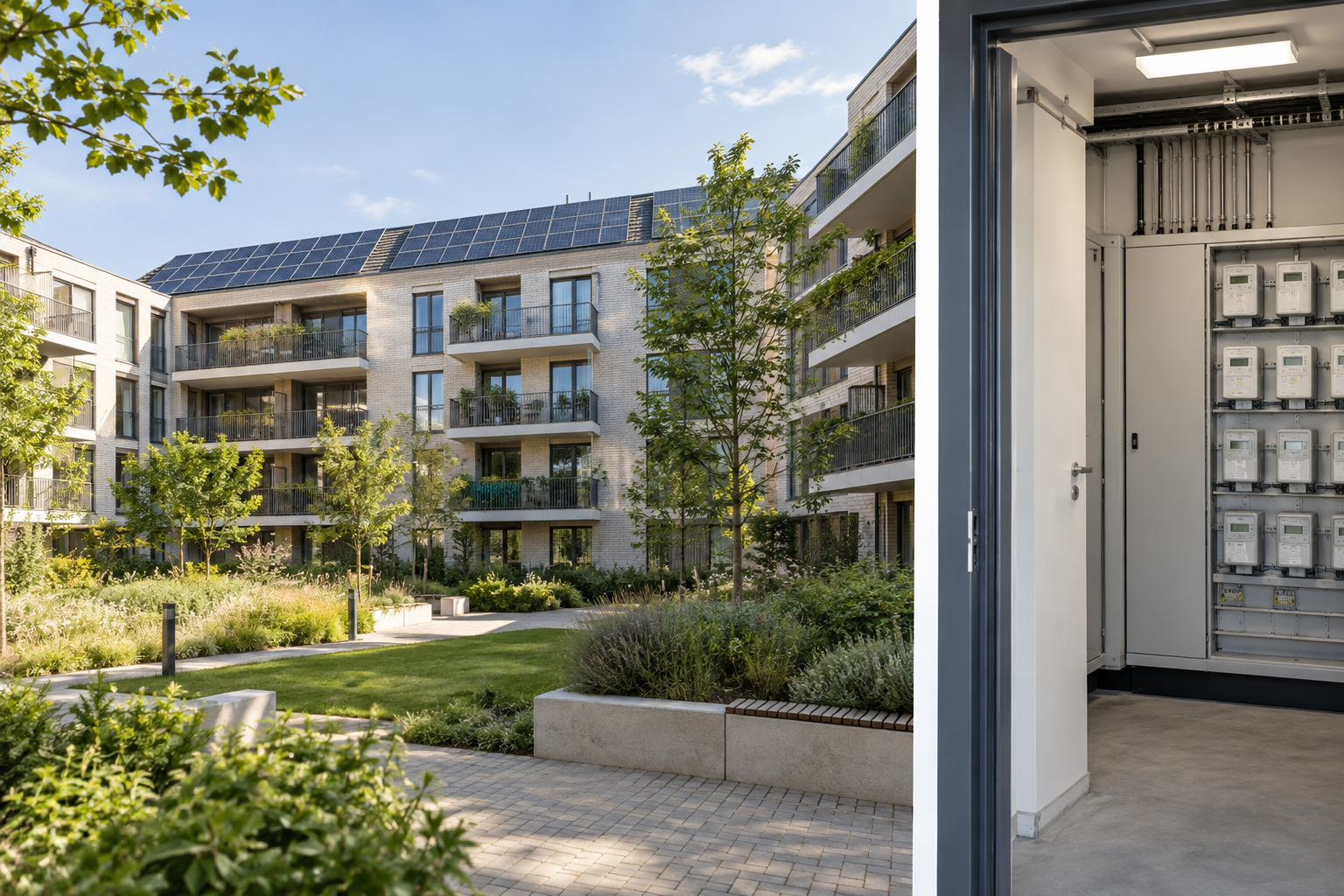 Residential development with photovoltaic panels and visible metering infrastructure
