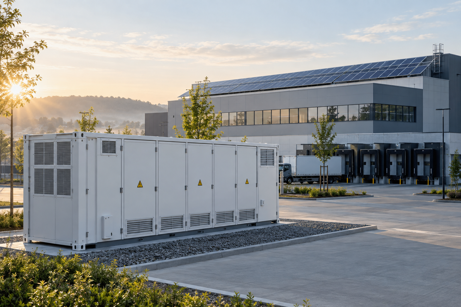 Battery storage in front of a commercial property with photovoltaic panels